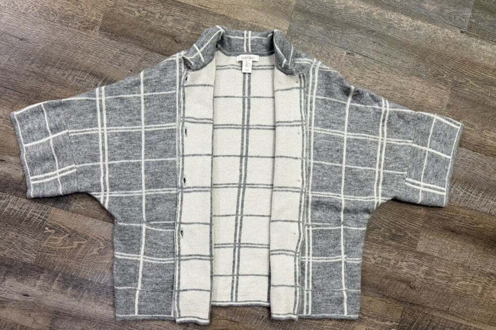 Ellen Tracy Cardigan Sweater Sz L Gray White Plaid Batwing Classic Wool Blend